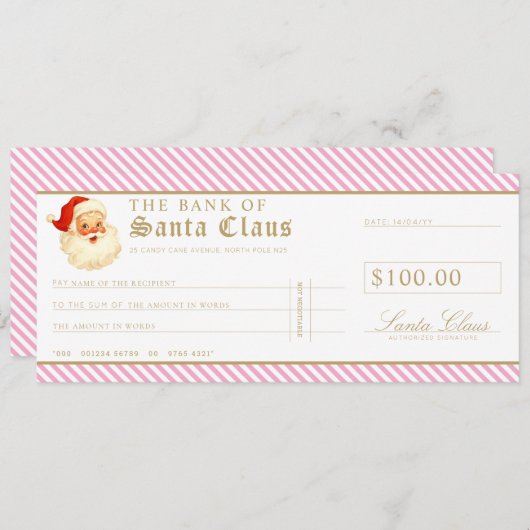 Pink Santa Cheque Gift Voucher Card 招待状 (正面/裏面)