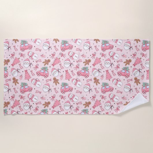 Pink santa christmas ビーチタオル (正面)