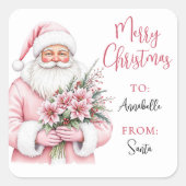 Pink Santa Christmas Gift Tag Sticker スクエアシール (正面)