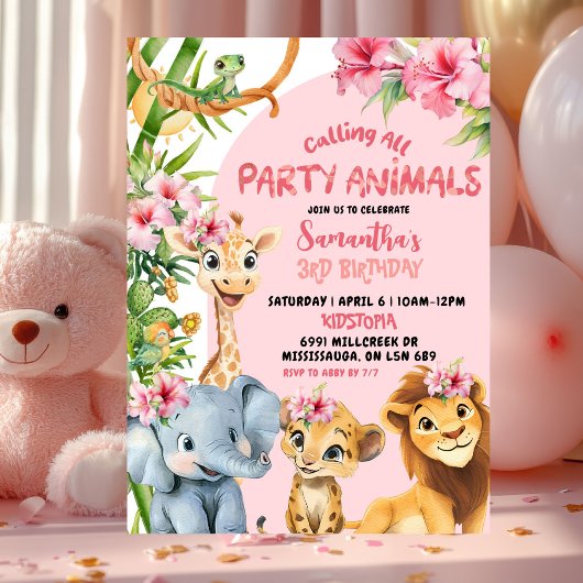 Pink Savannah Calling All Party Animals Birthday 招待状