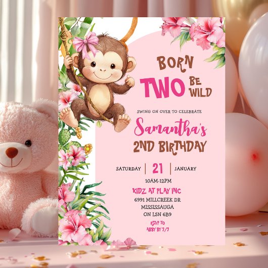 Pink Savannah Monkey Born Two Be Wild 2nd Birthday 招待状