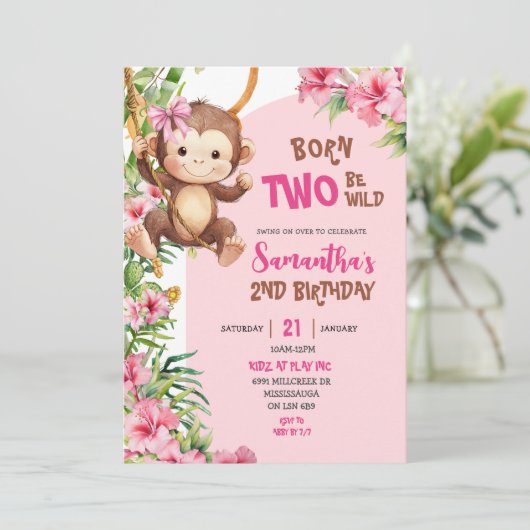 Pink Savannah Monkey Born Two Be Wild 2nd Birthday 招待状 (スタンド正面)