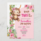 Pink Savannah Monkey Born Two Be Wild 2nd Birthday 招待状 (正面/裏面)