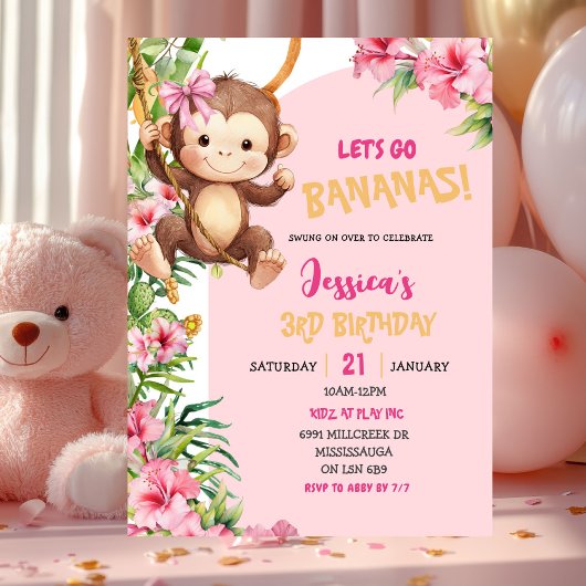 Pink Savannah Monkey Let's Go Bananas Birthday 招待状
