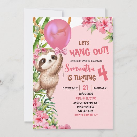 Pink Savannah Sloth Let's Hang Out Birthday 招待状 (正面)