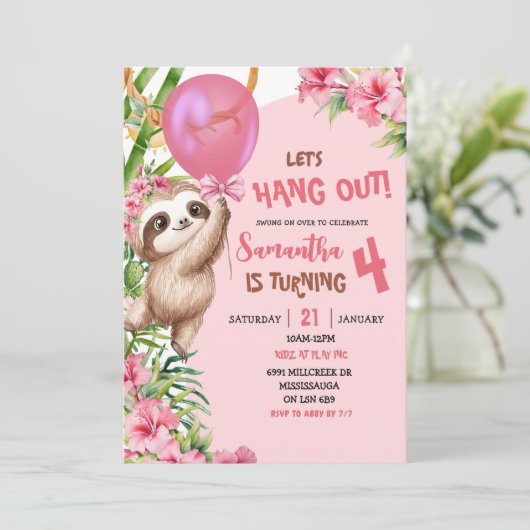 Pink Savannah Sloth Let's Hang Out Birthday 招待状 (スタンド正面)