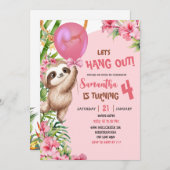 Pink Savannah Sloth Let's Hang Out Birthday 招待状 (正面/裏面)
