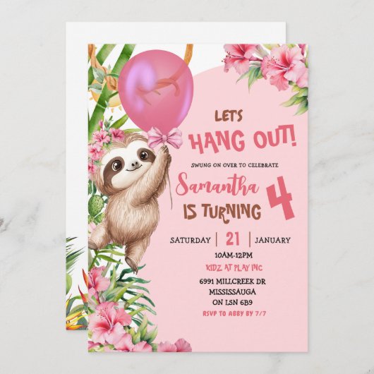 Pink Savannah Sloth Let's Hang Out Birthday 招待状 (正面/裏面)