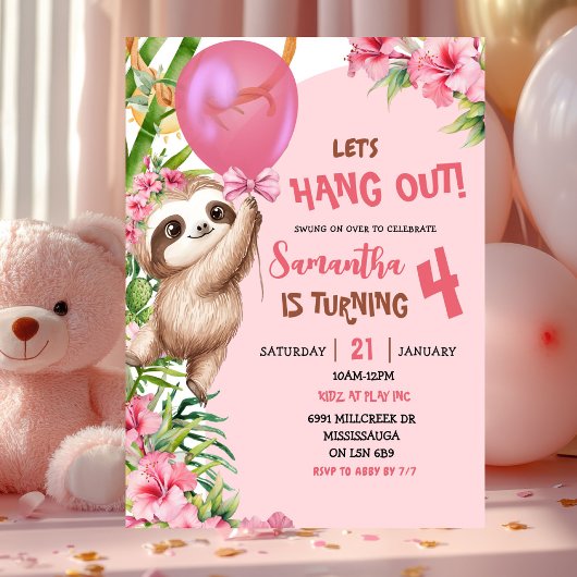 Pink Savannah Sloth Let's Hang Out Birthday 招待状