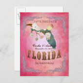 Pink Save The Date - Florida Map With Lovely Birds 案内ポストカード (正面/裏面)