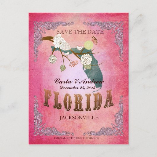 Pink Save The Date - Florida Map With Lovely Birds 案内ポストカード (正面)