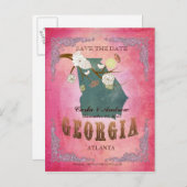 Pink Save The Date - Georgia Map With Lovely Birds 案内ポストカード (正面/裏面)