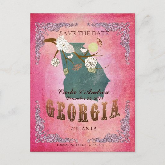 Pink Save The Date - Georgia Map With Lovely Birds 案内ポストカード (正面)
