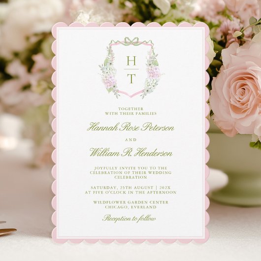 Pink Scalloped Hydrangea Crest Wedding Invitation 招待状