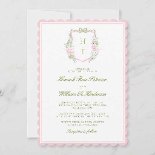 Pink Scalloped Hydrangea Crest Wedding Invitation 招待状 (正面)