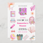 Pink School tools girl Birthday 招待状 (正面/裏面)