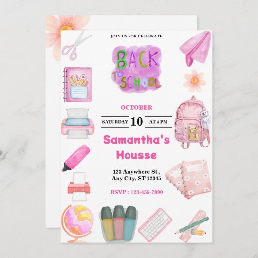 Pink School tools girl Birthday 招待状 (正面/裏面)