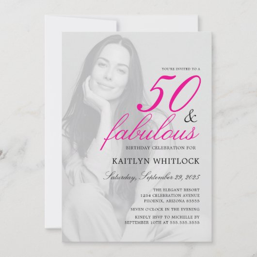 Pink Script 50 and Fabulous Photo Birthday Party 招待状 (正面)