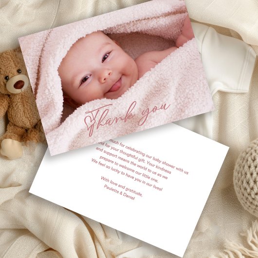 Pink Script Baby Photo Thank You Card サンキューカード