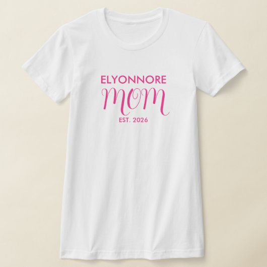 Pink Script Established Mom White Custom Name Tシャツ (レイダウン)