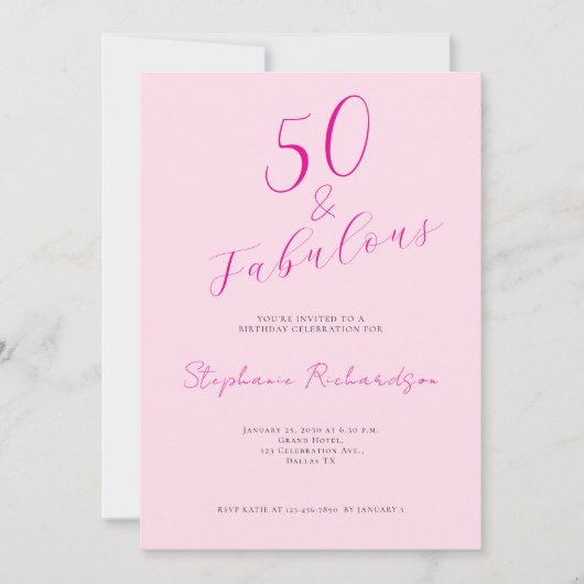 Pink Script Fifty and Fabulous 50th Birthday Party 招待状 (正面)