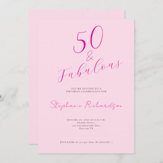 Pink Script Fifty and Fabulous 50th Birthday Party 招待状 (正面/裏面)