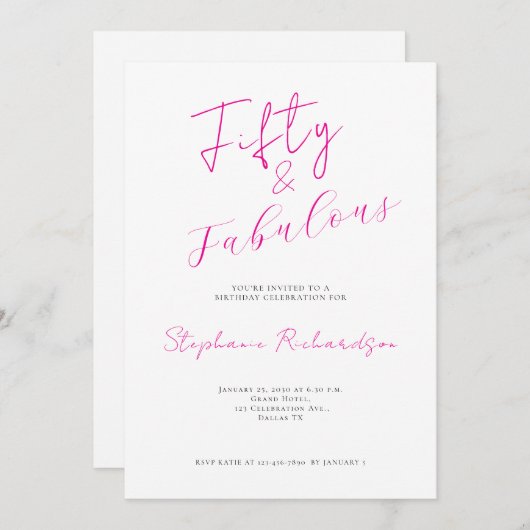 Pink Script Fifty and Fabulous 50th Birthday Party 招待状 (正面/裏面)