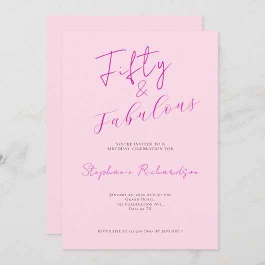 Pink Script Fifty and Fabulous 50th Birthday Party 招待状 (正面/裏面)