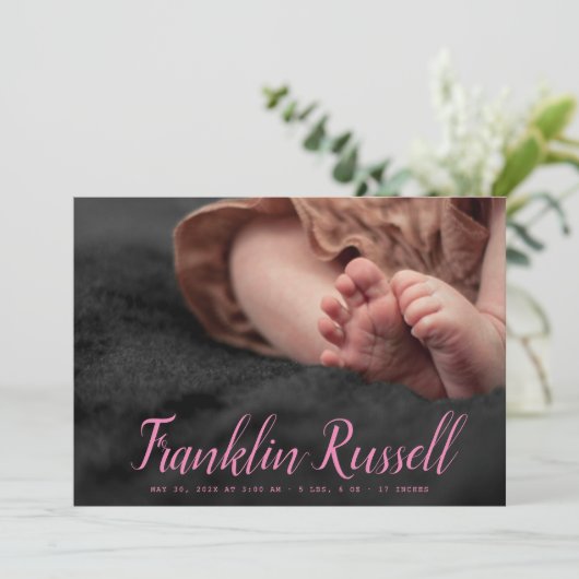 pink SCRIPT Name boyベビー誕生発表 招待状 (スタンド正面)