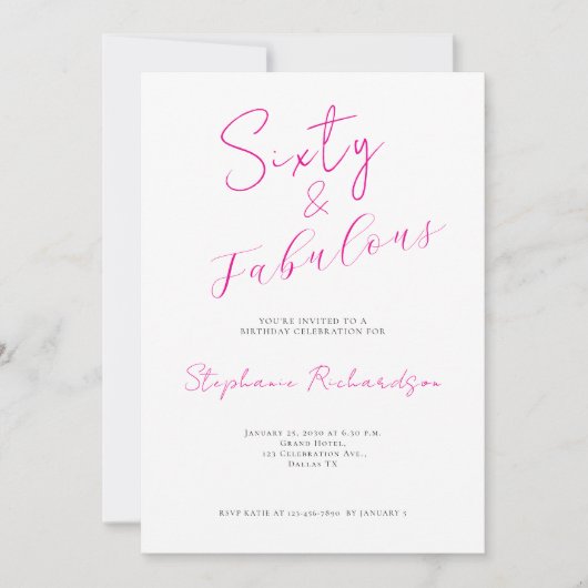Pink Script Sixty and Fabulous 60th Birthday Party 招待状 (正面)