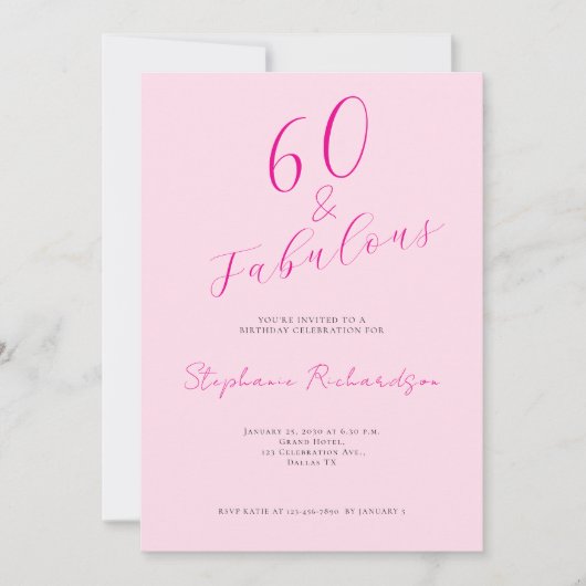 Pink Script Sixty and Fabulous 60th Birthday Party 招待状 (正面)