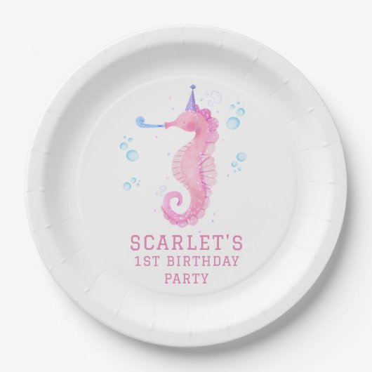 Pink Seahorse 1st birthday ペーパープレート (正面)