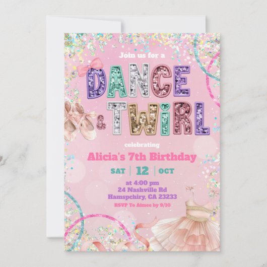 Pink Sequin ballet dance and twirl birthday 招待状 (正面)