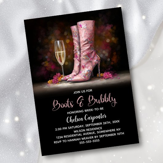 Pink Sequin Boots and Bubbly Bridal Shower 招待状