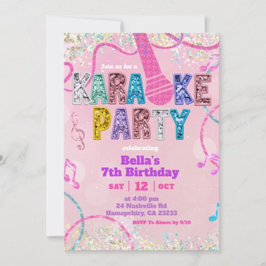 Pink Sequin Glitter Karaoke Party Birthday Invitat 招待状 (正面)