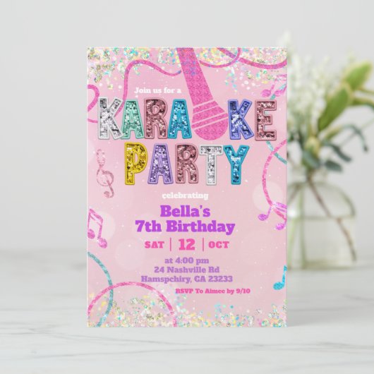 Pink Sequin Glitter Karaoke Party Birthday Invitat 招待状 (スタンド正面)