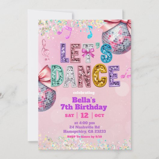 Pink Sequin Glitter Let's Dance Birthday 招待状 (正面)