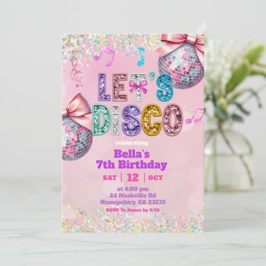 Pink Sequin Glitter Let's Disco Birthday 招待状 (スタンド正面)