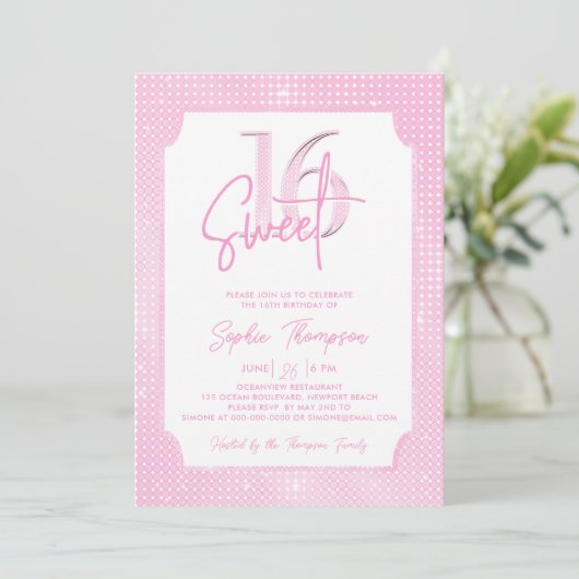 Pink Sequins Elegant Frame Calligraphy Sweet 16 招待状 (スタンド正面)