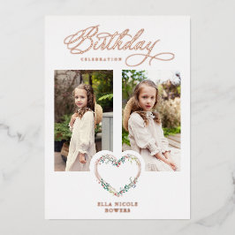 Pink Shades Birthday 2 Photos Floral Heart 箔招待状