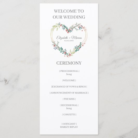 Pink Shades Heart on Wildflowers for Wedding プログラム (正面)