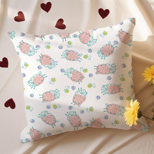 Pink Sheep with Flowers & Berries - Cute Pattern クッション