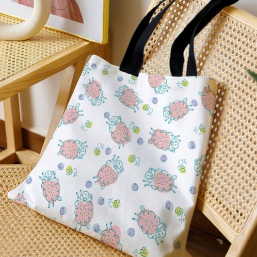 Pink Sheep with Flowers & Berries - Cute Pattern トートバッグ