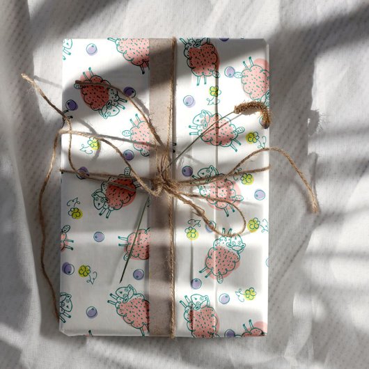 Pink Sheep with Flowers & Berries - Cute Pattern ラッピングペーパーシート