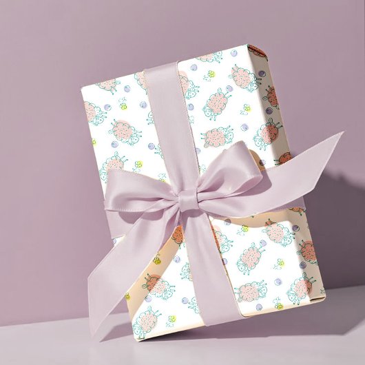 Pink Sheep with Flowers & Berries - Cute Pattern ラッピングペーパー
