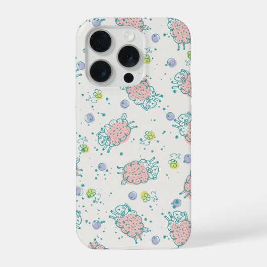 Pink Sheep with Flowers & Berries - Cute Pattern iPhoneケース (裏面)