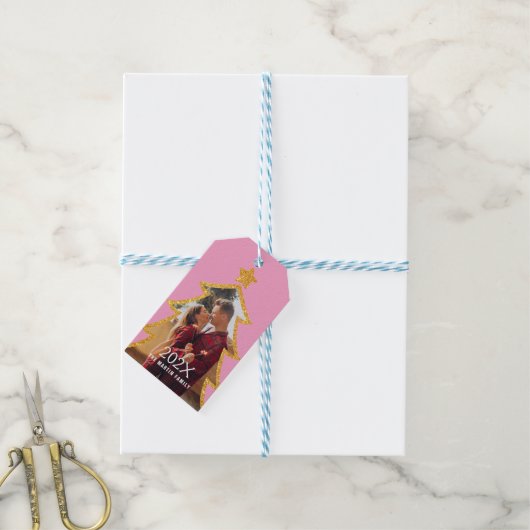 Pink Shiny Christmas Tree Personalized Photo ギフトタグ (より糸付き)