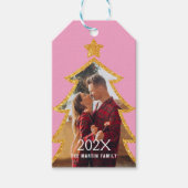 Pink Shiny Christmas Tree Personalized Photo ギフトタグ (正面)
