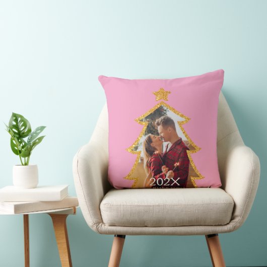 Pink Shiny Christmas Tree Personalized Photo クッション (椅子)