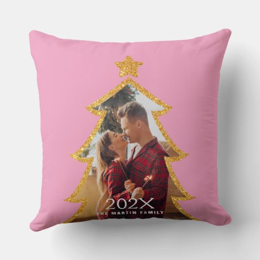 Pink Shiny Christmas Tree Personalized Photo クッション (裏面)